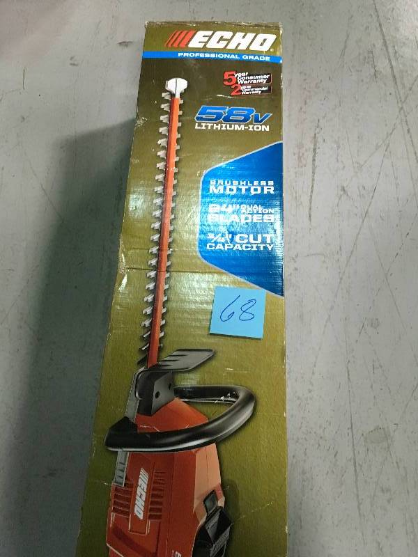 lot 68 image: ECHO Cordless Hedge Trimmer 24 58v Brushless Rechargeable Dual Action Blades tool only in working conditions