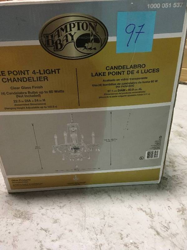 lot 97 image: Hampton Bay Lake Point 4-Light Chrome and Clear Crystal Chandelier New