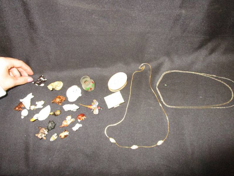 lot 56 image: 2 Necklaces, 2 Very Small Containers, Many Small Animals