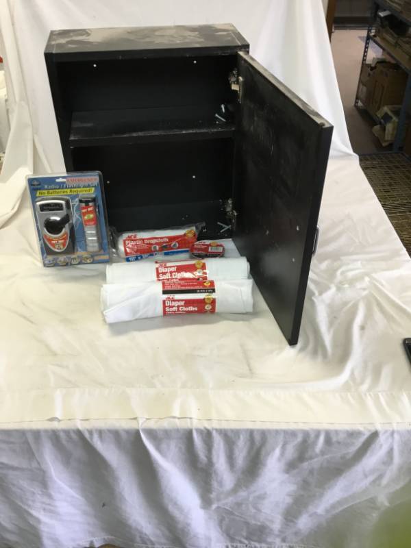 Emergency Supplies Wall mounted Cabinet  - With duct Tape, Cloths, Radio and Flash light, and Plastic Dropcloth