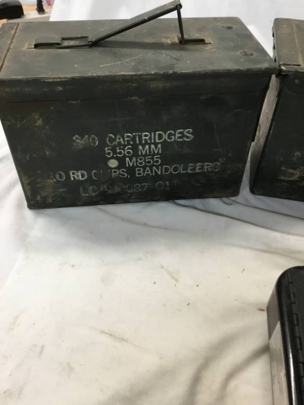 Propane Burner & Four Old Ammo Boxes with Nuts and bolts in one and parts in two.