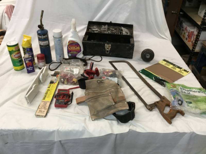 Garage Items - Propane Torch, cleaning supplies, Digital Multi meter - Works, Tool belt, Tool Box, Misc. Hardwareparts