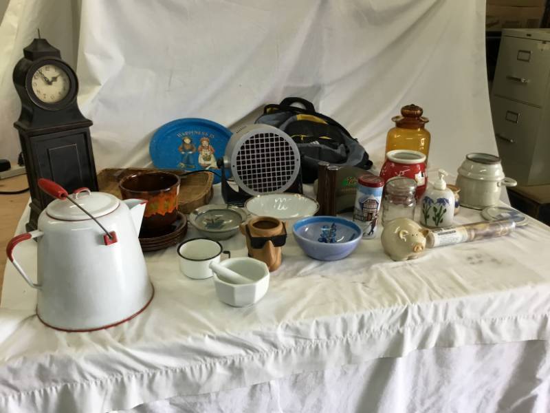 House Hold Collection - Plates, Bowls, Back Pack, Small Clock, Enamel Wear Kettle, pestle and mortar.