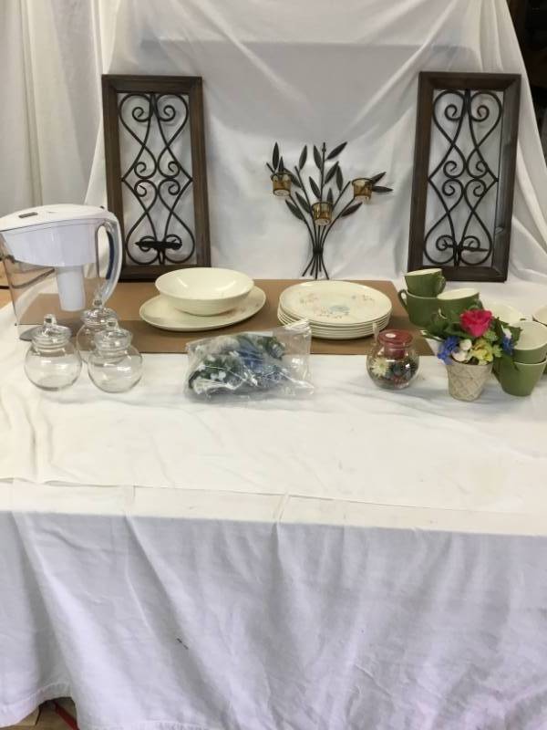 House Hold items - 6 plate dish set with serving plate and bowl, Jars, 10 mugs, Wall candle holders,