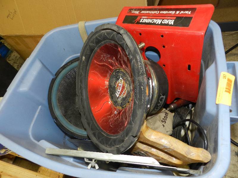 lot 167 image: TOTE OF MISC TOOLS AND SPEAKERS