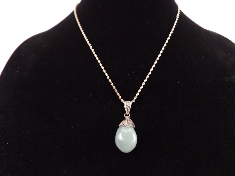 lot 15 image: Vintage .925 Sterling Silver Filigree Twist Necklace and&nbspJade&nbspPendant