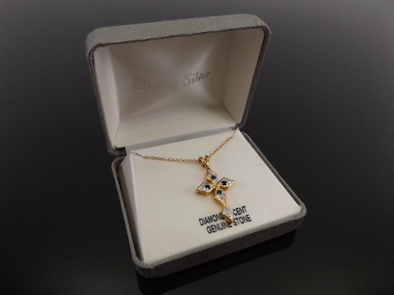 lot 19 image: Gold Plated .925 Sterling Silver Diamond Cross Pendant and&nbspNecklace
