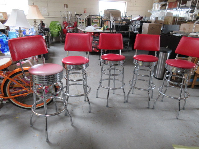 CHROME AND RED VINYL STOOLS