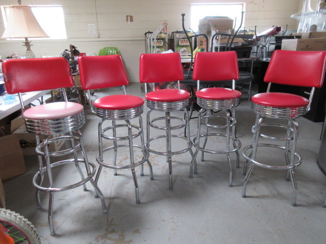 CHROME AND RED VINYL STOOLS