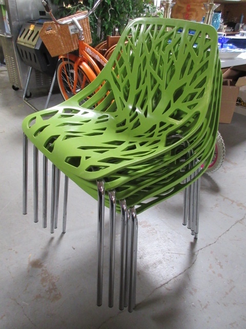 GREEN MOLDED PLASTIC AND CHROME CHAIRS