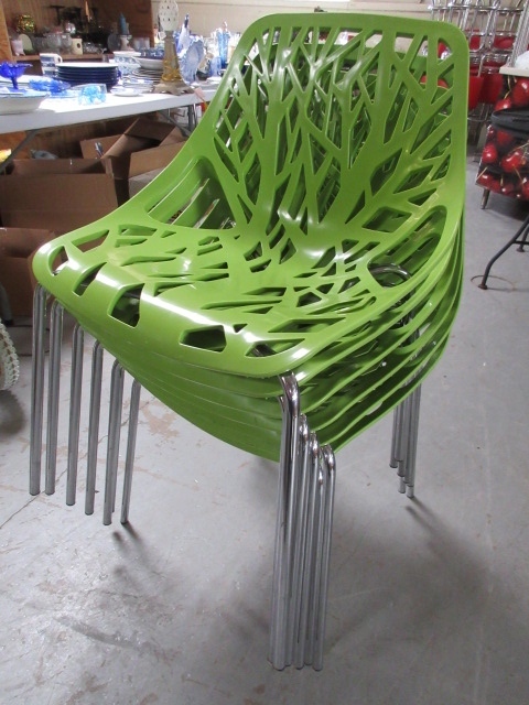 GREEN MOLDED PLASTIC AND CHROME CHAIRS