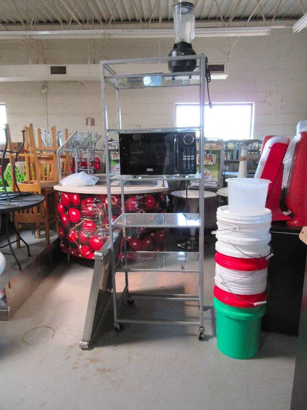 ROLLING SHELF, PAILS, BLENDER AND MICROWAVE