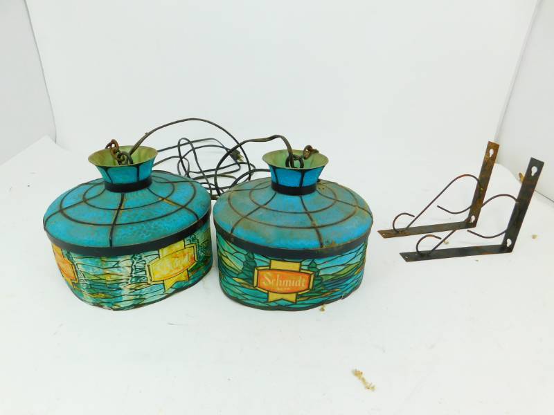 lot 5 image: Two Schmidt Beer Plastic Stain Glass Hanging Lamp Lights