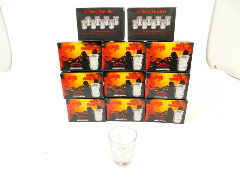 lot 67 image: Twelve Fireball Cinnamon Whiskey Etched Glass Shot Glasses