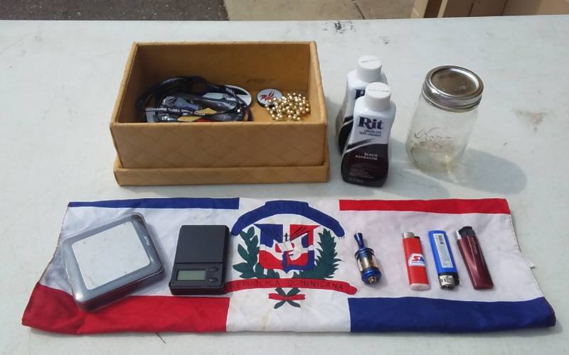 lot 24 image: Scale Rit Dye, Shoe Polish, Belt Buckle, Sewing Kit