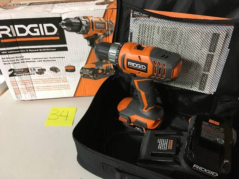 Ridgid 18-Volt Lithium-Ion Cordless 12 in. Compact DrillDriver Kit with (2) 1.5Ah Batteries Charger and Bag in good condition