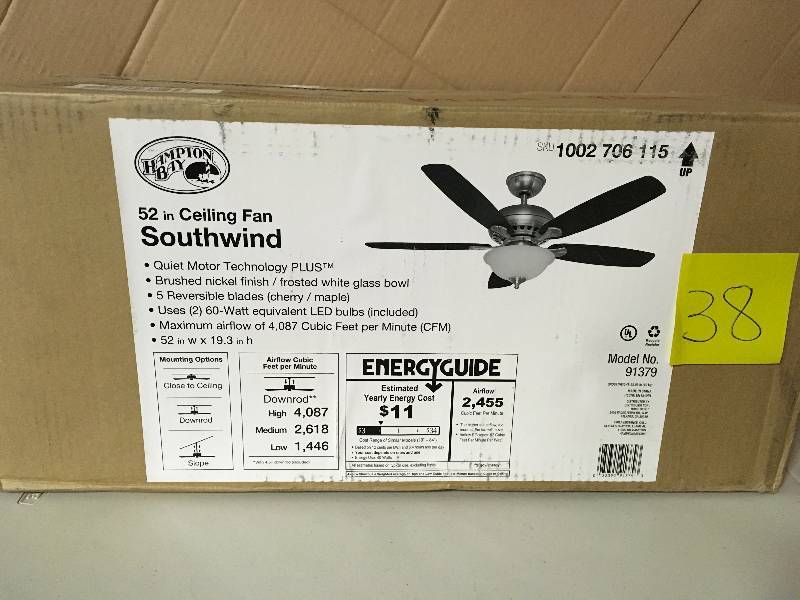 Hampton Bay Southwind 52 in. LED Indoor Brushed Nickel Ceiling Fan with Light Kit and Remote Control not used