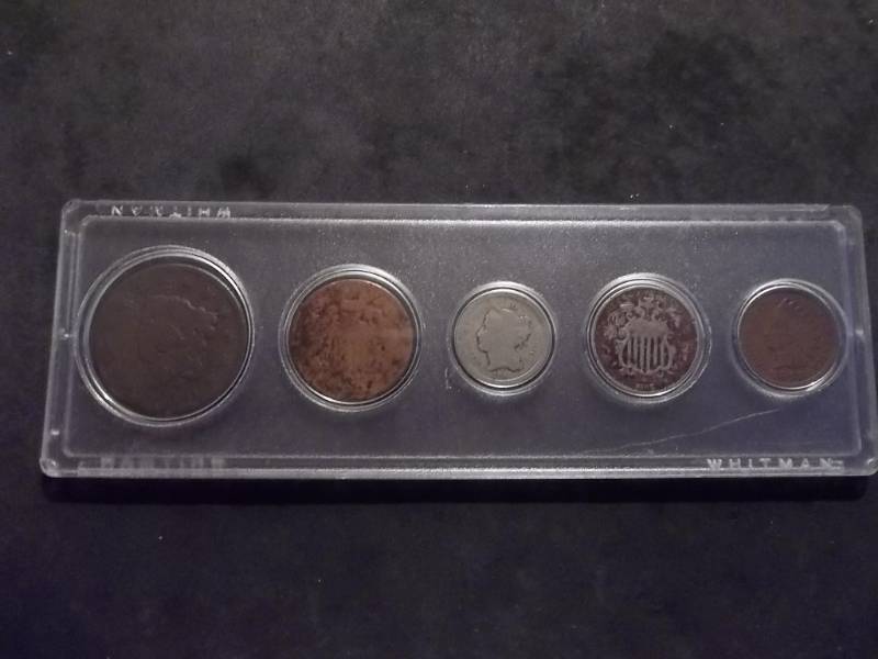 lot 54 image: 1800s Type Coin Set 1820 Large Cent, 1899 Indian Head Cent, 1965 2-Cent Piece, 1865 3-Cent Nickel, 1867 Shield Nickel