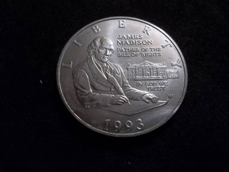 lot 57 image: 1993 James Madison Bill Of Rights Silver Commemorative Half Dollar