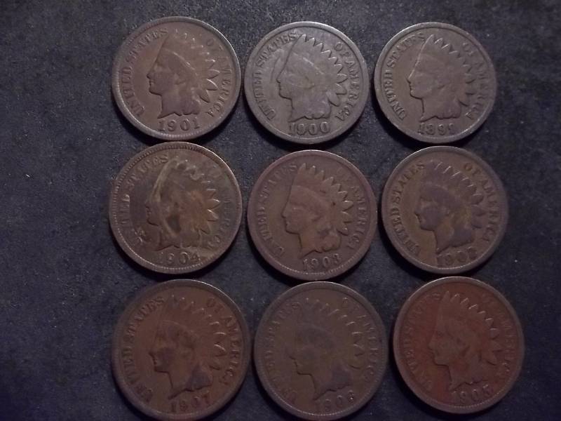 lot 155 image: 9 Indian Head Cents 1899-1907 No Dups