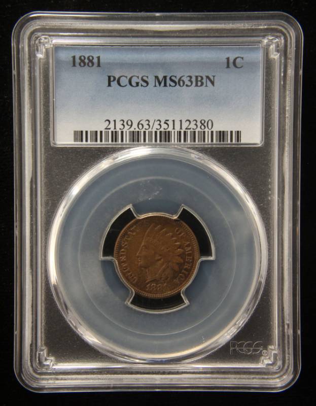 lot 12 image: 1881 INDIAN HEAD CENT MS63BN PCGS