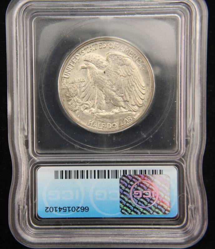 lot 19 image: 1945 WALKING LIBERTY SILVER HALF DOLLAR MS63 ICG
