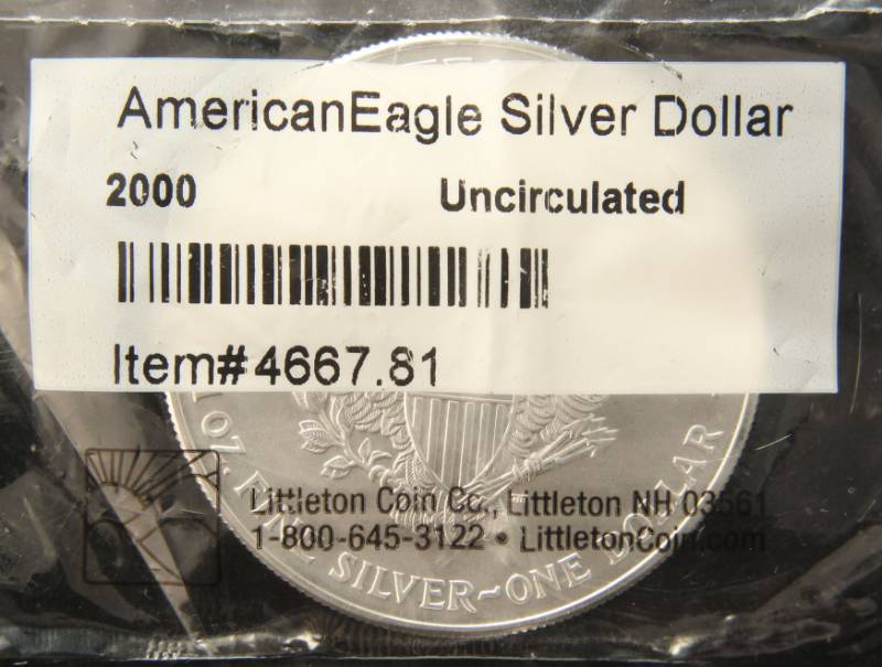 lot 33 image: 2000 AMERICAN SILVER EAGLE 1 TROY OZ. .999 FINE SILVER SEALED LITTLETON