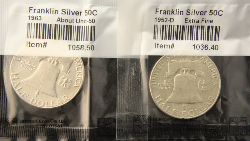 lot 35 image: (2) FRANKLIN SILVER HALF DOLLARS 1952-D, 1963 BOTH SEALED LITTLETON