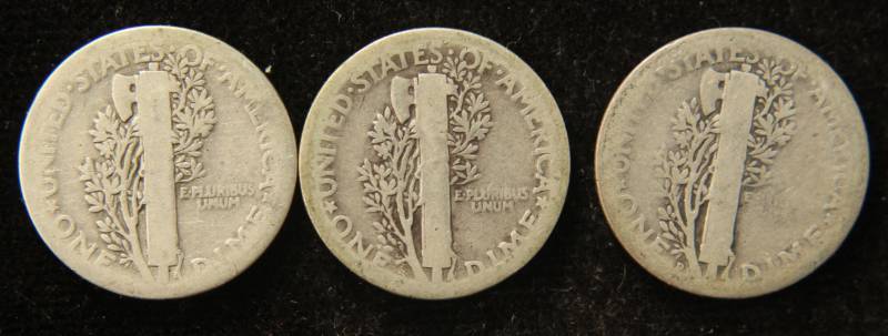 lot 42 image: (3) MERCURY DIMES 1919 1924-S 1927-D