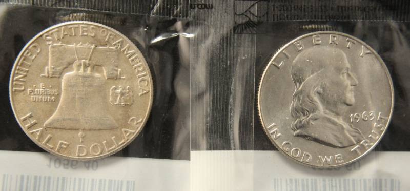 lot 49 image: (2) FRANKLIN SILVER HALF DOLLARS 1962 & 1963-D BOTH SEALED LITTLETON
