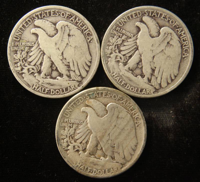 lot 55 image: (3) WALKING LIBERTY SILVER HALF DOLLARS 1936 1939-D 1941