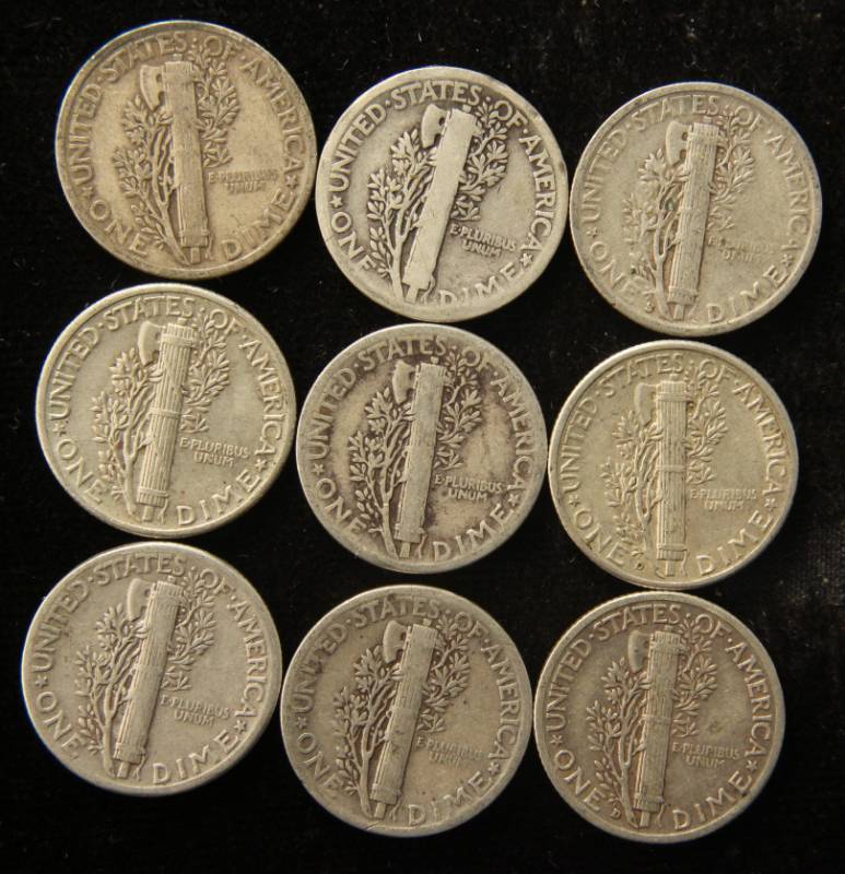 lot 59 image: (9) US MERCURY SILVER DIMES