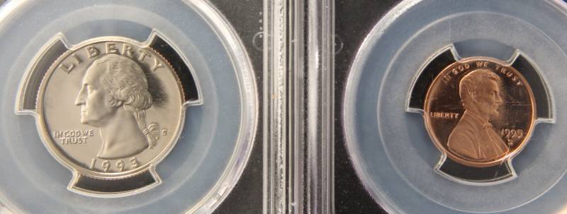 lot 63 image: (2) PCGS CERTIFIED PROOF COINS 1993-S 25C PR69DCAM & 1995-S CENT PR69RD DCAM