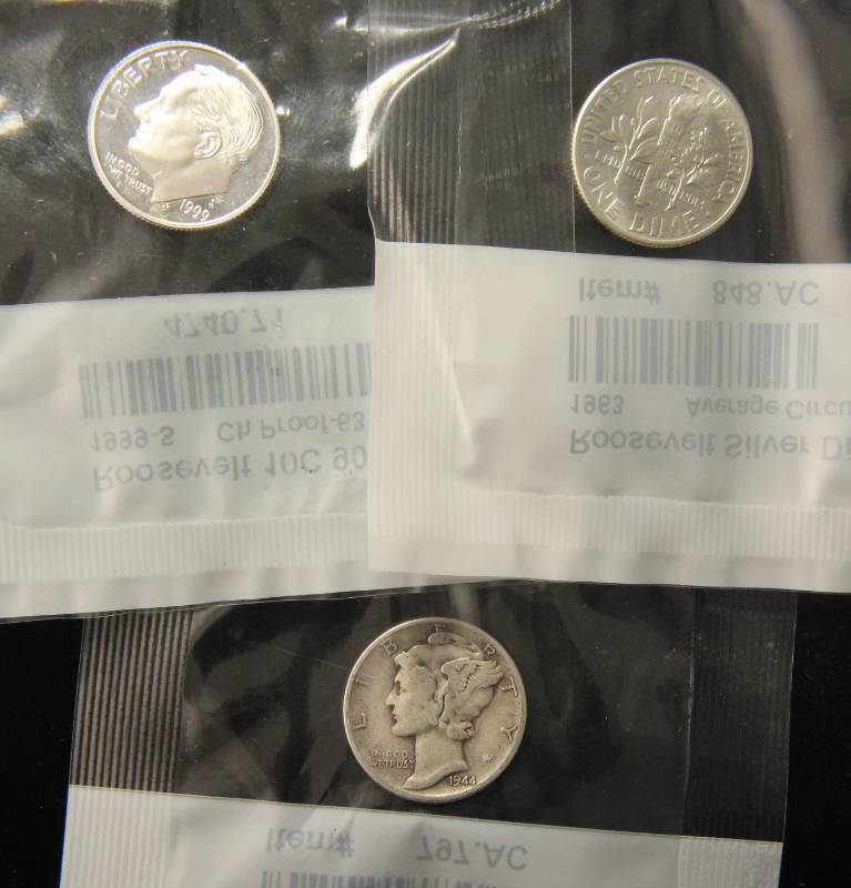 lot 64 image: (3) SILVER US DIMES 1944 MERCURY, 1963 & 1999-S (PROOF) ROOSEVELT