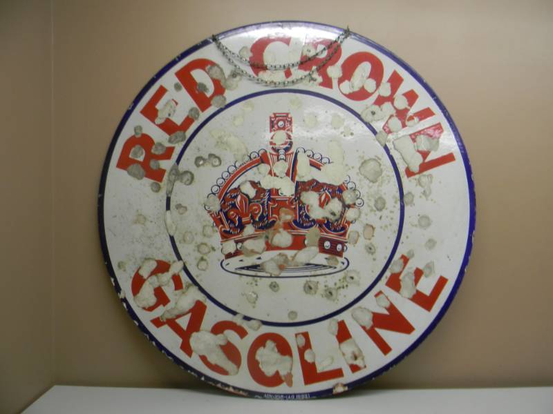 lot 1 image: VINTAGE RED CROWN GASOLINE DOUBLE SIDED PORCELAIN SIGN - APPROX 42 - VERY COOL SEE PICTURES