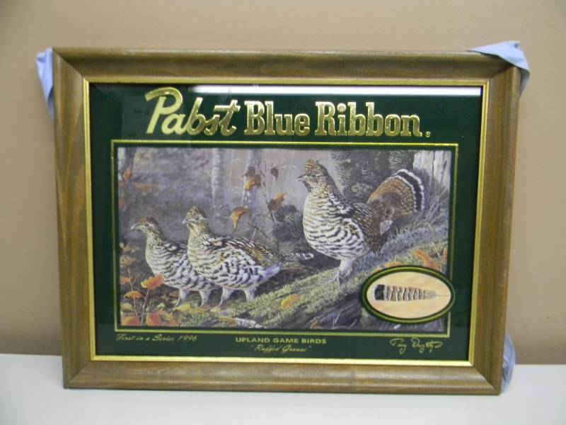 lot 31 image: VINTAGE 1996 PABST BLUE RIBBON BEER FIRST IN A SERIES (COMPLETE SET LOT 31-35) UPLAND GAME BIRD SERIES - RUFFED GROUSE - APPROX 21 BY 16 - SEE PICTURES