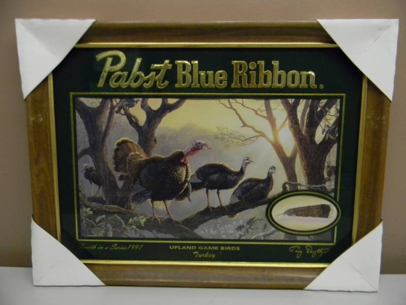 lot 34 image: VINTAGE 1997 PABST BLUE RIBBON BEER FOURTH IN A SERIES (COMPLETE SET LOT 31-35) UPLAND GAME BIRD SERIES - TURKEY - APPROX 21 BY 16 - SEE PICTURES