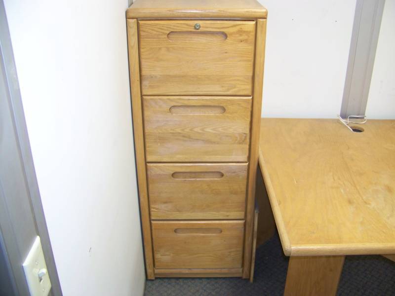 lot 30 image: Large, Sectional Office Desk with 4-Drawer File Cabinet and Chair