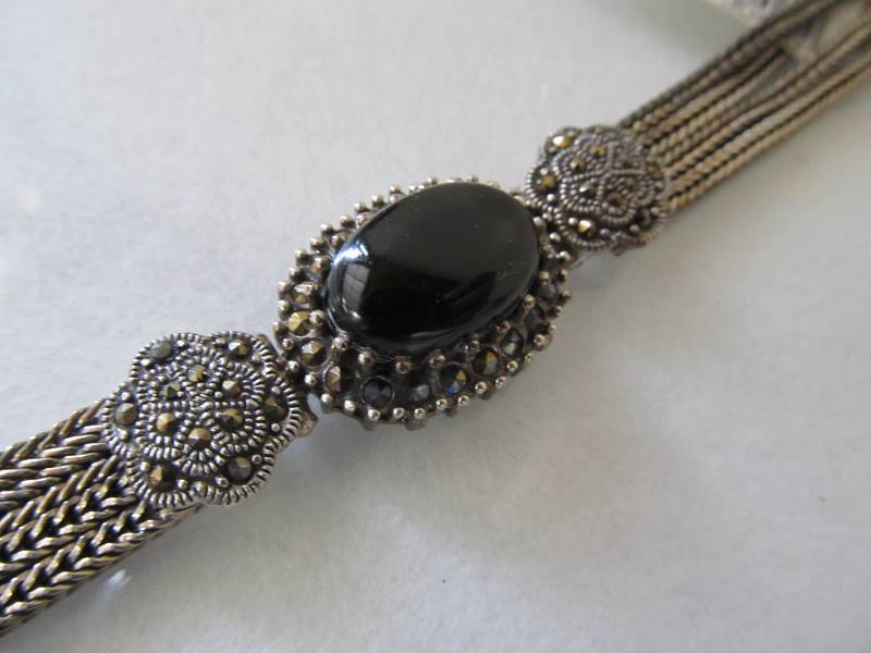 lot 20 image: Sterling Silver wMarcasite & Onyx Clasp Bracelet - NEW WITH TAGS