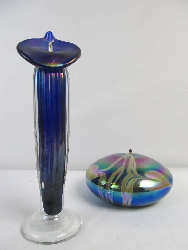lot 73 image: 2 Signed Vintage Art Glass Oil Candles