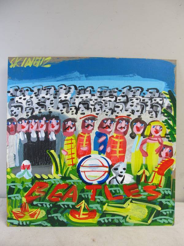 lot 88 image: Signed Vintage Folk Art BEATLES Painting on Wood