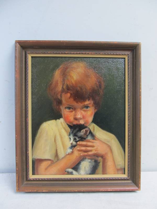 lot 89 image: Signed Vintage Original MARY CROWTHER Oil on Canvas Painting - Small Frys