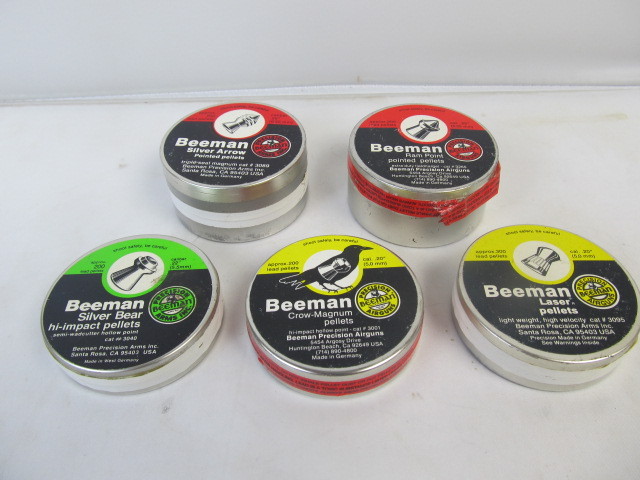 lot 140 image: 5 Vintage NOS BEEMAN Air Gun Pellet Tins