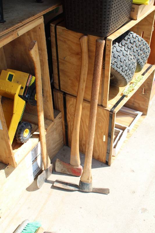 lot 20 image: Lot of (3) Yard Tools - Axe, Axe, Pick Axe