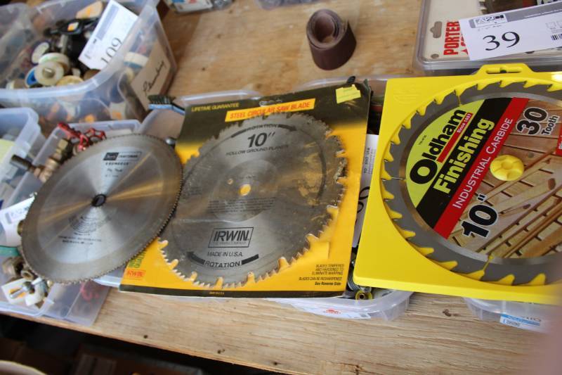 lot 39 image: Lot of (3) 10in. Table Saw Blades - Irwin Hollow Ground Planer, Sears Kromedge, Oldham Industrial Carbide Finishing