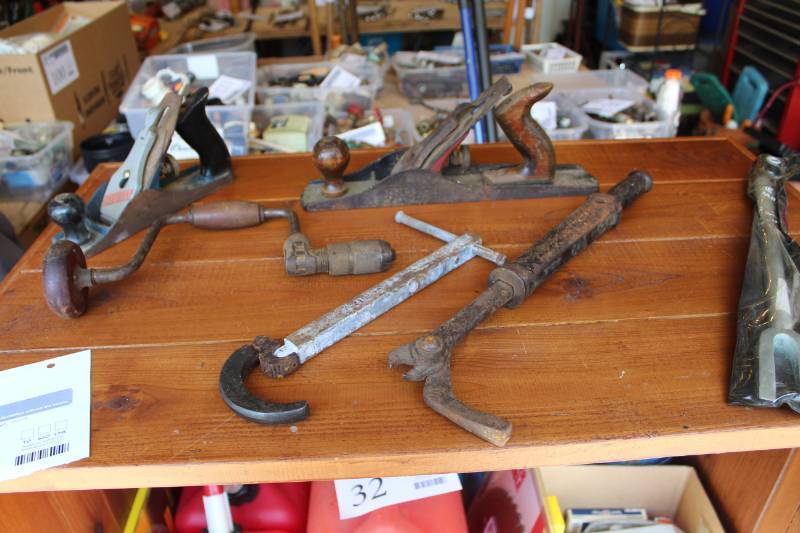 lot 38 image: Planers, Hatchet, Tie Rod Separator, Hand Drill, Bolt Cutter, Pipe Wrench, And More