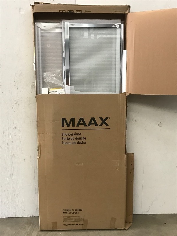 lot 39 image: New Maax Silhouette 42 Pearl Shower Door, Chrome With Clear Glass, Part# 979901140