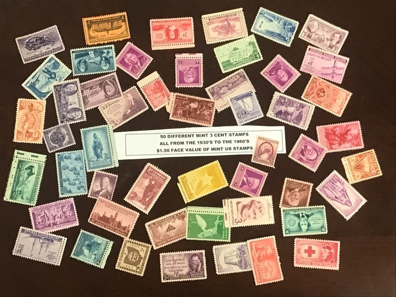 (50) Different Mint 3-Cent Stamps