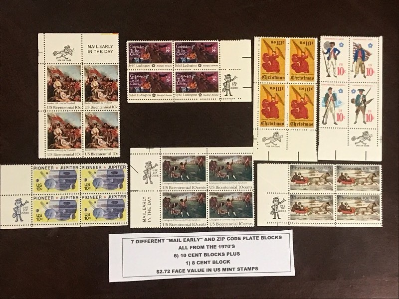 (7) Different Mail Early And Zip-Code Plate Blocks