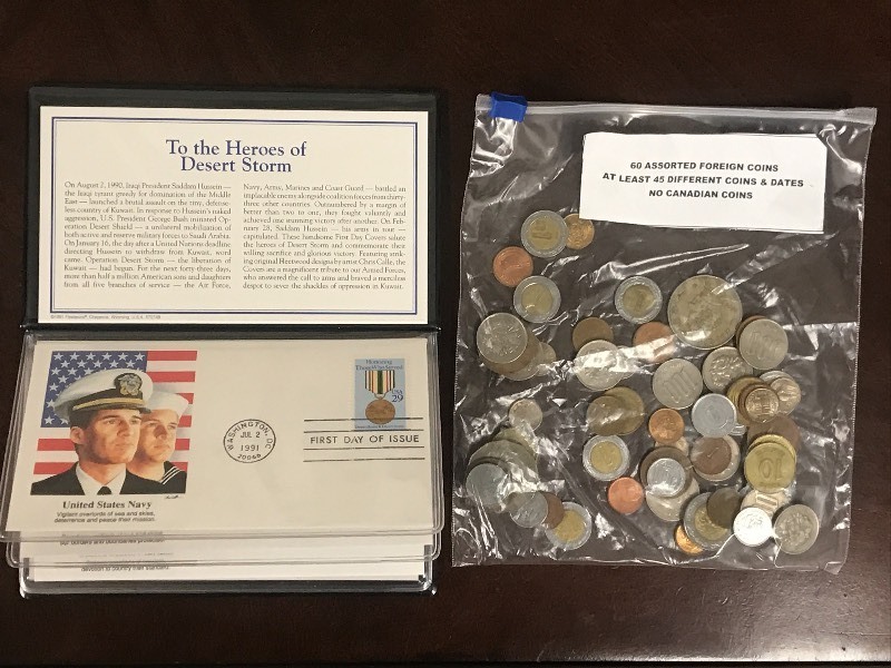 (60) Foreign Coins & (1) 1991 Stamp Collection